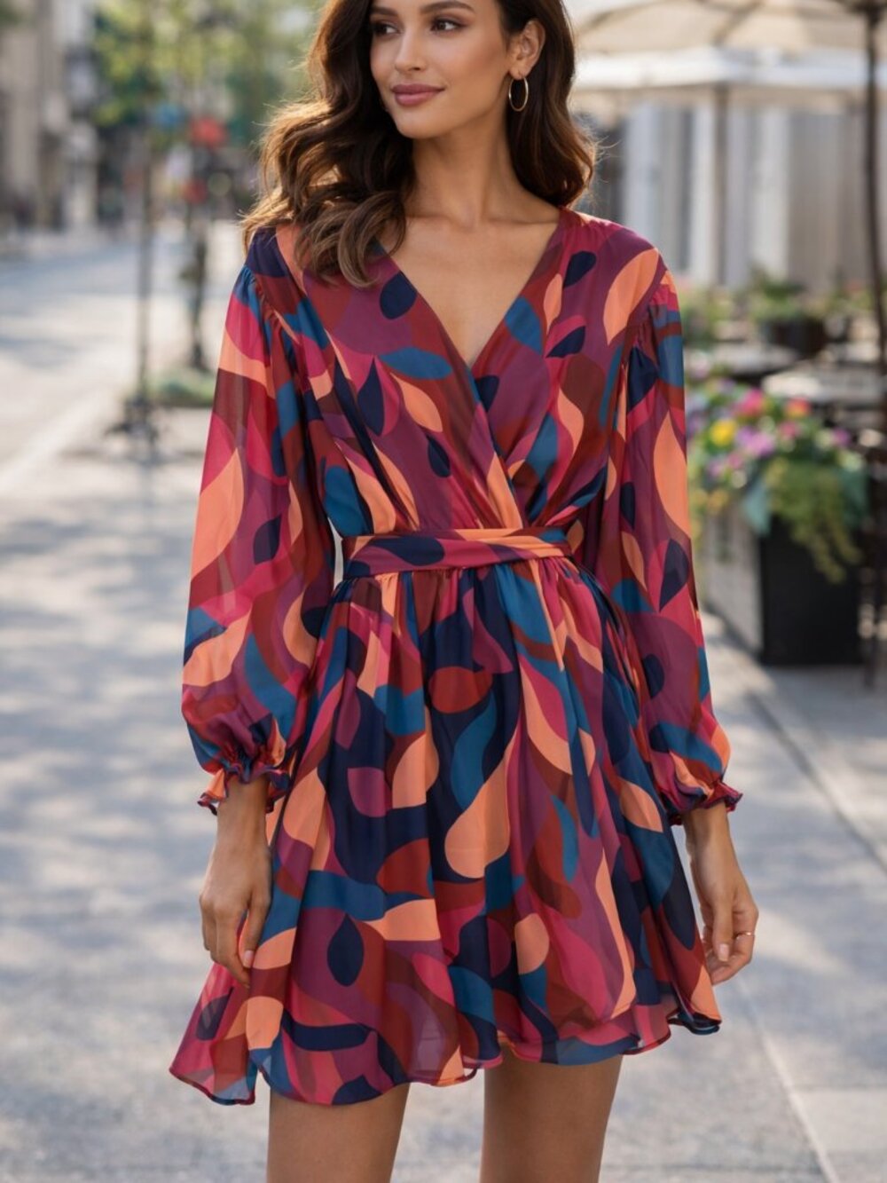 Flying Tomato Abstract Leaf Print Wrap Dress with Long Sleeves - Pink & Blue